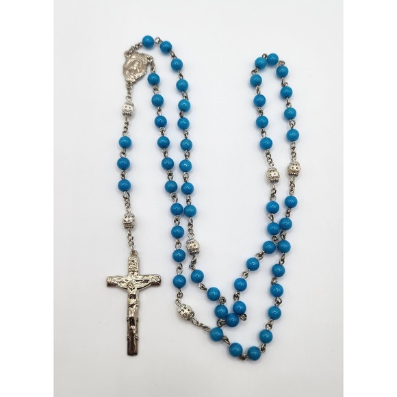 Jewelry - Italy Rosary Necklace Blue Beads Silver Metal Crucifix Catholic Prayer Beads